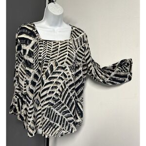 Sami & Jo‎ Animal Print Blouse Pullover Square Neck Keyhole 3/4 Sleeve Black Tan